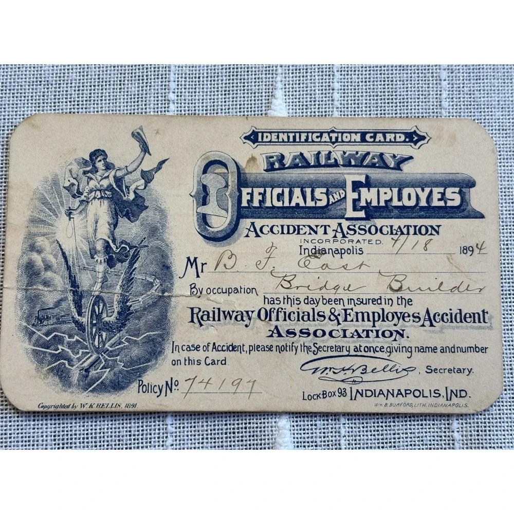 Very Cool! Antique 1894 Railway Association Document Card Railroadiana Indiana